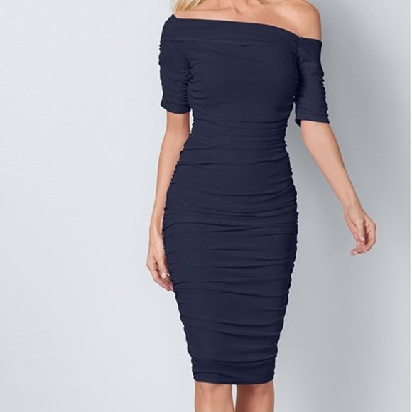 VENUS Dresses & Skirts - Venus: Ruched Mesh Stretch Bodycon Dress - Navy